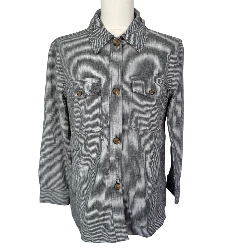 LOFT Women Medium Linen Cotton Gray White Stripe Chore Coat Shirt Jacket Shacket